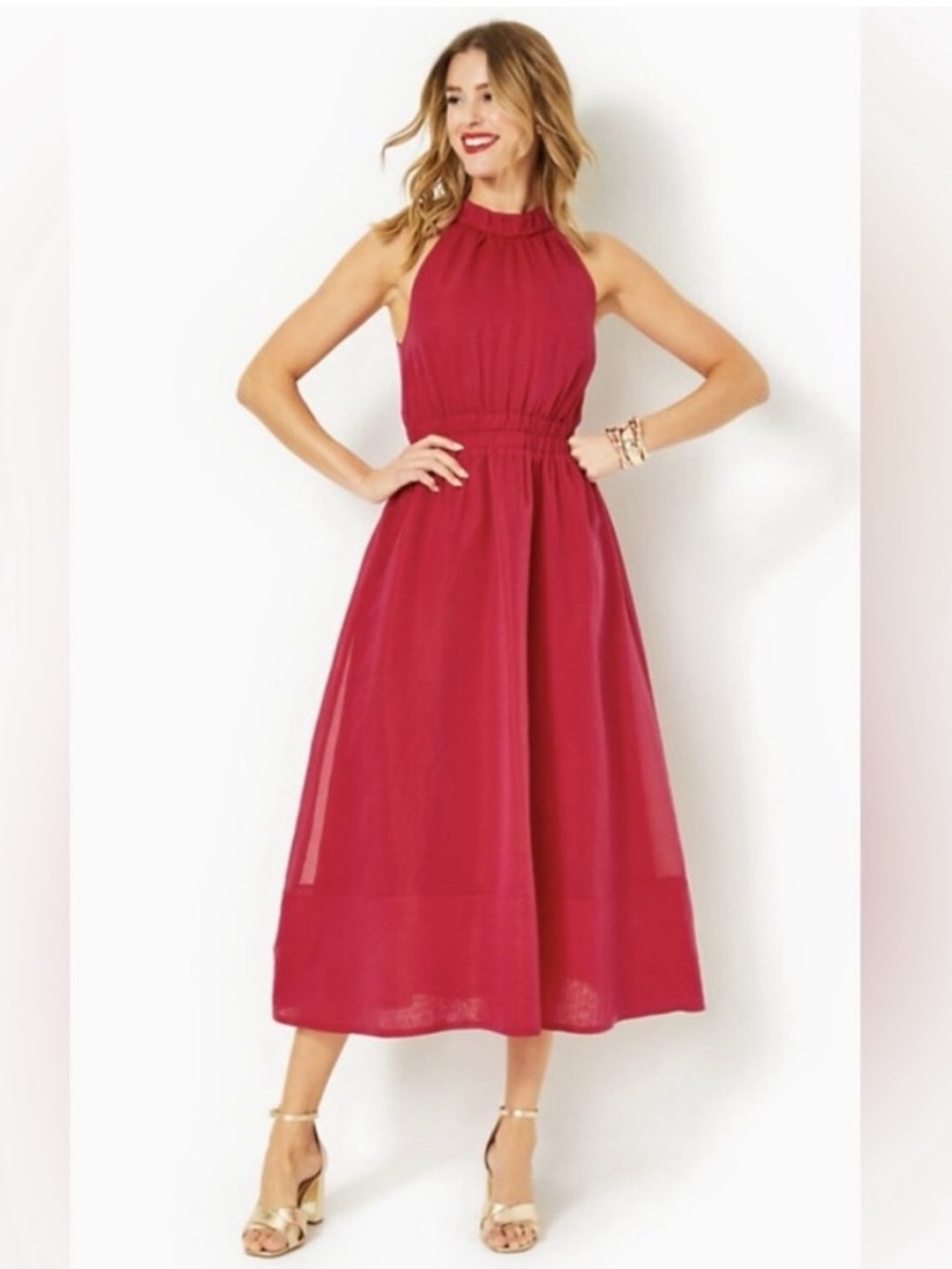 NWT Lilly Pulitzer Marleen Cotton Silk Halter Midi Dress Red Pink Size 14